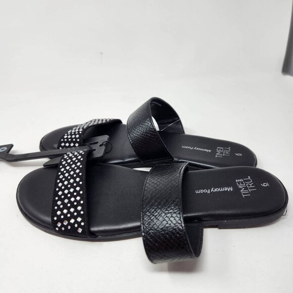 Time And Tru Women's Black Jeweled 2 Band Sandals Size 6 Memory Foam Black - Picture 8 of 10